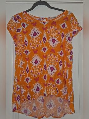 Christian Siriano Women's Orange Print Hi Low Cap-Sleeve Blouse L